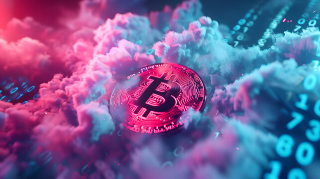  Bitcoin symbol surrounded by pink and blue smoke with binary code in the background