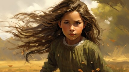 Young girl with flowing hair in autumn breeze