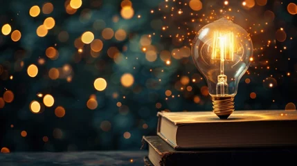 Fotobehang Glowing light bulb above open book with bokeh lights background © jongaNU