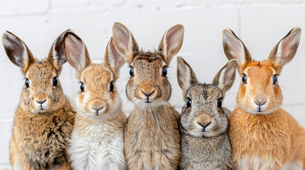 Obraz premium Charming Lineup of Five Diverse Rabbits Sitting Against a White Brick Wall, Capturing a Whimsical Portrait of Nature