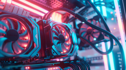 High-performance computer technology, detailed view into computer interior illuminated by LED lights. Showcases intricate circuits, cooling fans, various hardware components, gpu