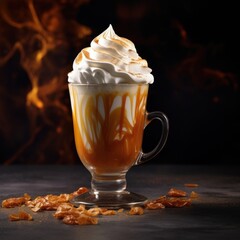 Gourmet Caramel Latte with Whipped Cream on Fire