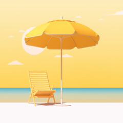 A beach umbrella and chair in sand with sea in the background