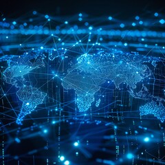 Obraz premium Abstract wallpaper of global business, world map with digital connections and nodes, bluetoned