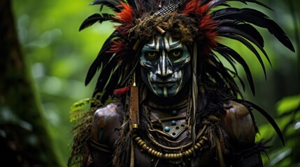 Portrait of a person in tribal makeup and traditional attire in a lush forest