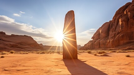 Sunburst behind a monolith in a desert landscape