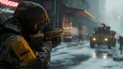 Soldier in Camouflage Gear Aiming Rifle During Snowy Nighttime Urban Operation