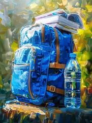 Fotobehang Ready for school, the packed bag holds notebooks, a lunchbox, and a water bottle © Fokasu Art