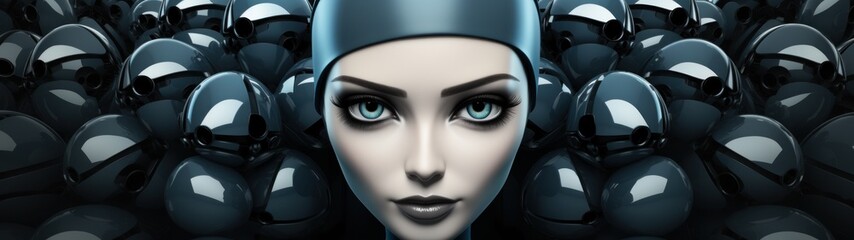 Futuristic female android among reflective spheres