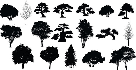 silhouette tree line drawing set, Side view, set of graphics trees elements outline symbol for architecture and landscape design drawing	