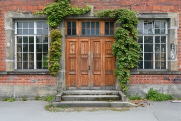 Old brick building covered in ivy exudes a tranquil aura with a serene atmosphere, setting a picturesque school backdrop