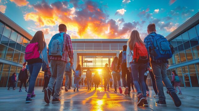 School building at sunset, vibrant sky, modern glass facade, students exiting