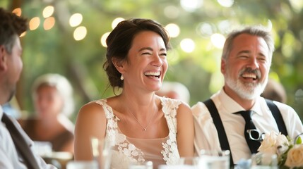 Radiant Bride Sharing a Joyful Moment With Guests at a Wedding Reception