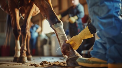 Veterinarian Bandaging the Injured Leg of a Horse in a Stable During Morning Hours