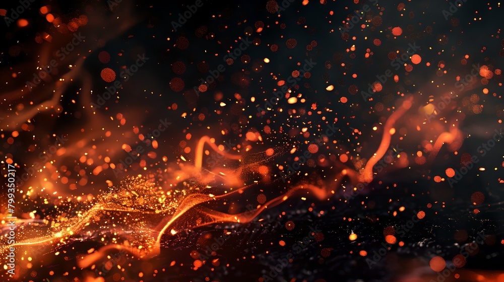 Poster abstract fiery particles floating in dark space. a captivating scene of warm tones and glowing spark