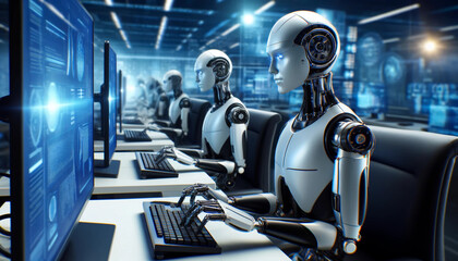  Sleek, matte white AI artificial intelligence robots typing on computer keyboards IT call center help desk wallpaper background