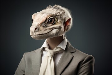Surreal Portrait of a Person with a Lizard Head in a Business Suit