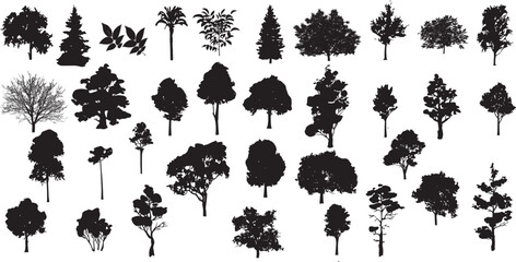 tree, vector, forest, oak, architecture, line, plant, landscape, black, background, maple, branch, elevation, tropical, white, cad, design, art, side, set, nature, architect, outline, abstract, leaf,