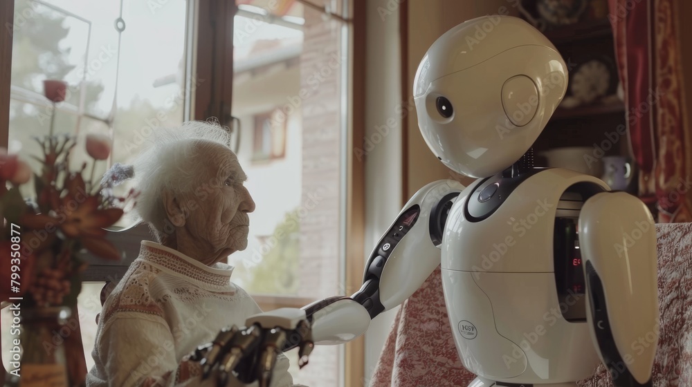 Poster old man and robot sitting at home. old man and robot talking