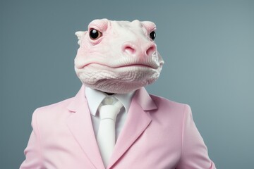 Lizard in a pink suit posing with a serious expression