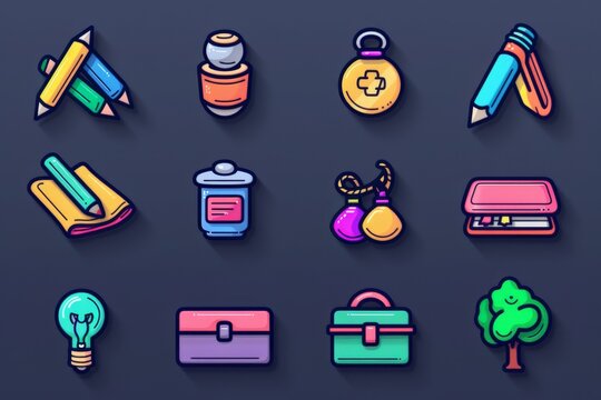 An array of vibrant educational tools, stationery, and student icons compose the school icon set