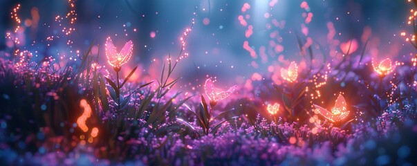abstract 3D light background inspired by a bioluminescent forest, with glowing plants and magical creatures. 