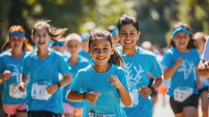 Diverse group in matching tees races in charity run for a cause. International Day of Charity, September 5