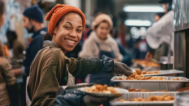 Cheerful volunteer distributes warm meals to grateful individuals in need. International Day of Charity, September 5