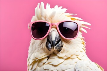 a close-up of a white cockatoo parrot with sunglasses as a domestic pet bird. Tropical summer vacation theme web banner with a solid pink pastel background. Funny birthday party card