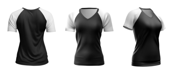 Set of woman black Raglan tee t shirt colour block with white sleeve V neck front, back and side view on transparent background cutout, PNG file. Mockup template for artwork design.	
