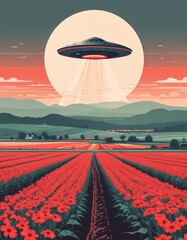 flying saucer hovers over a red flower field with a full moon in the sky. - obrazy, fototapety, plakaty