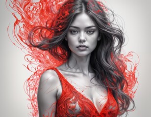 woman with long hair and a red dress, her hair and dress giving the impression of red smoke. The dress has a deep V-neckline and is made of delicate material - obrazy, fototapety, plakaty