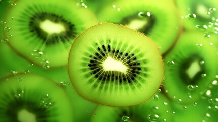 Kiwi fruit in water splashes on a green background.