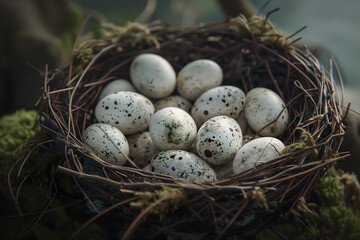 Close-up of a birds nest filled up with a pile of tiny white eggs - obrazy, fototapety, plakaty
