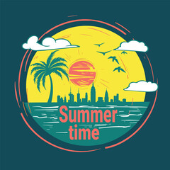 Summer time card with a sun, palm tree and a city