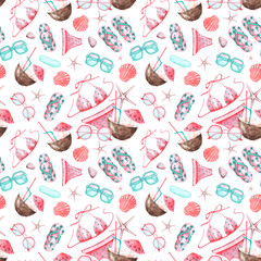 Sea vacation watercolor seamless pattern. Travel. Swimsuit, sunglasses, shells, cocktail, starfish, flip-flops. White background. For printing on fabric, textiles, wrapping paper, packaging.