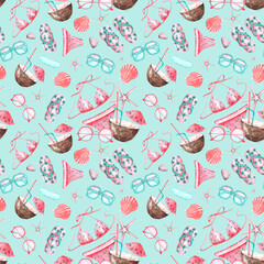 Beach vacation watercolor seamless pattern. Travel. Swimsuit, sunglasses, shells, cocktail, starfish, flip-flops. White background. For printing on fabric, textiles, wrapping paper, packaging.