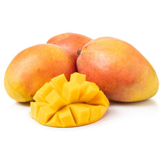 Set of fresh three whole and sliced mango fruit isolated on white background. clipping path included.