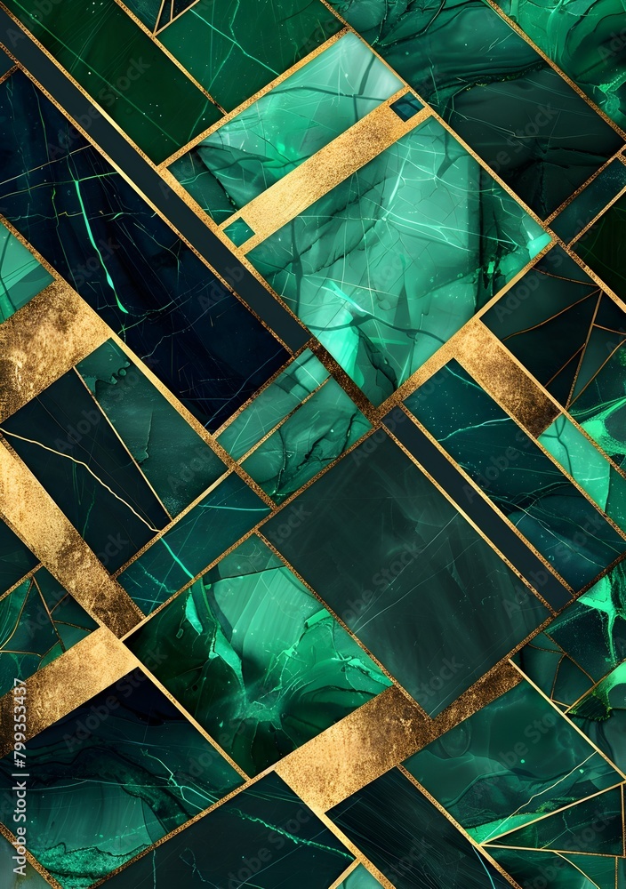 Poster abstract art background with emerald green, black and gold geometric patterns in the style of variou