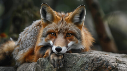 A fox is laying on a rock, looking at the camera