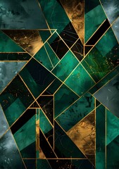Abstract art background with emerald green, black and gold geometric patterns in the style of various artists 