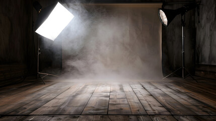 Photo studio with lighting equipment and smoke on wooden floor. 