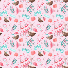 Seaside vacation watercolor seamless pattern. Travel. Swimsuit, sunglasses, shells, cocktail, starfish, flip-flops. Pink background. For printing on fabric, textiles, wrapping paper, packaging.