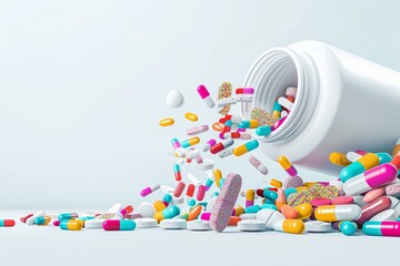 Close-up of a vibrant collection of multicolored pills spilling out from a white bottle, highlighting the diversity of modern medicine, set against a clean, white background
