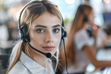 Call center agent with headset working on support hotline in modern office. Portrait of pretty young woman in conversation. AI Generated