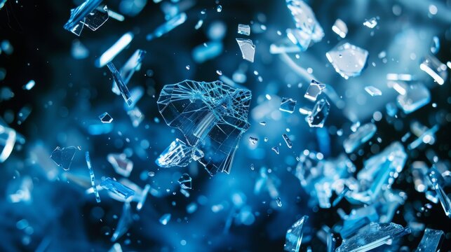 little pieces of broken shuttered blue glass falling from above, 16:9