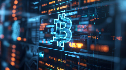 Cryptocurrency trading dynamic Bitcoin symbol overlaying detailed, illuminated financial chart Reflects complex blockchain, investment, technology, data analytics, and volatility