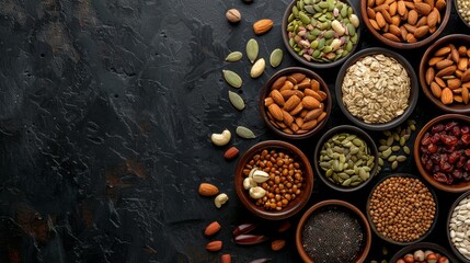 Different types of nuts, seeds and dried fruits on black background. foods high in vegan protein, vitamins and antioxidants for immune system boosting. Top view. Panorama, banner