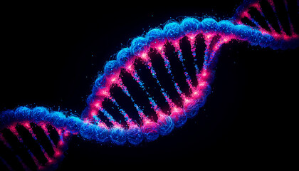 A DNA strand in vibrant blue and pink colors against a black background - obrazy, fototapety, plakaty