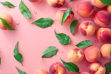 Fresh peaches and their leaves scattered on a soft peach-colored background with water droplets.